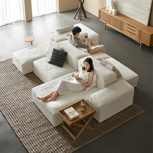 Mobilious-Armonia White Linen Fabric Washable Sectional