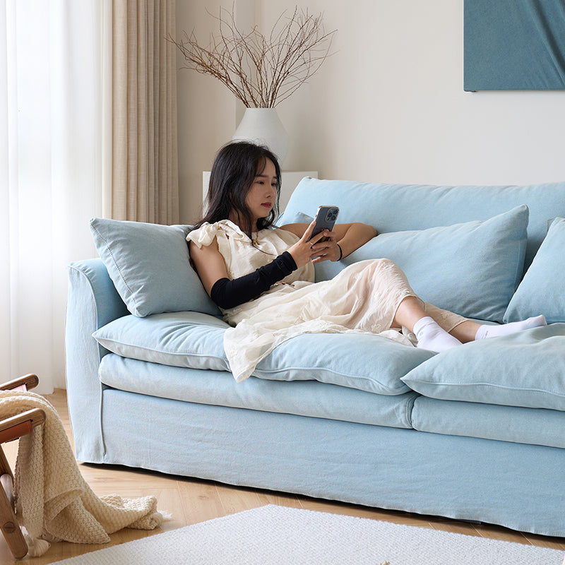 Mobilious-Fiorello Denim Slipcovered Blue Skirted Sofa