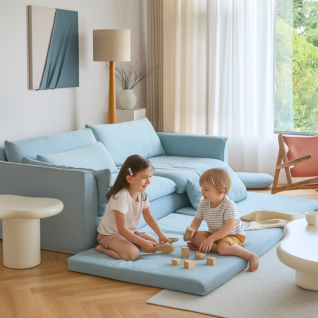 Mobilious-Fiorello Denim Slipcovered Blue Skirted Sofa