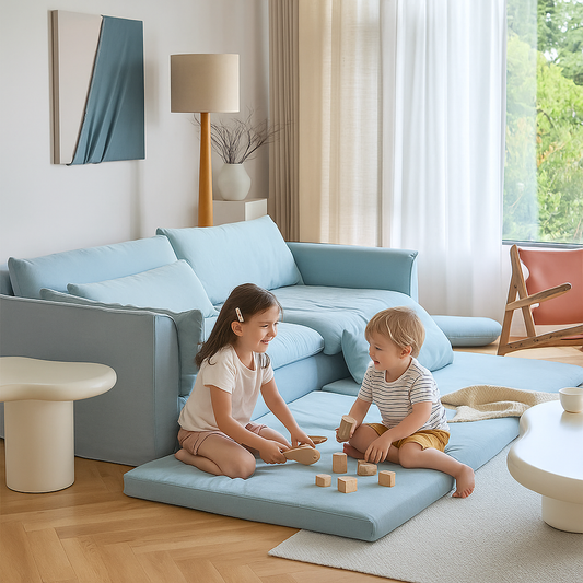 Mobilious-Fiorello Denim Slipcovered Blue Skirted Sofa