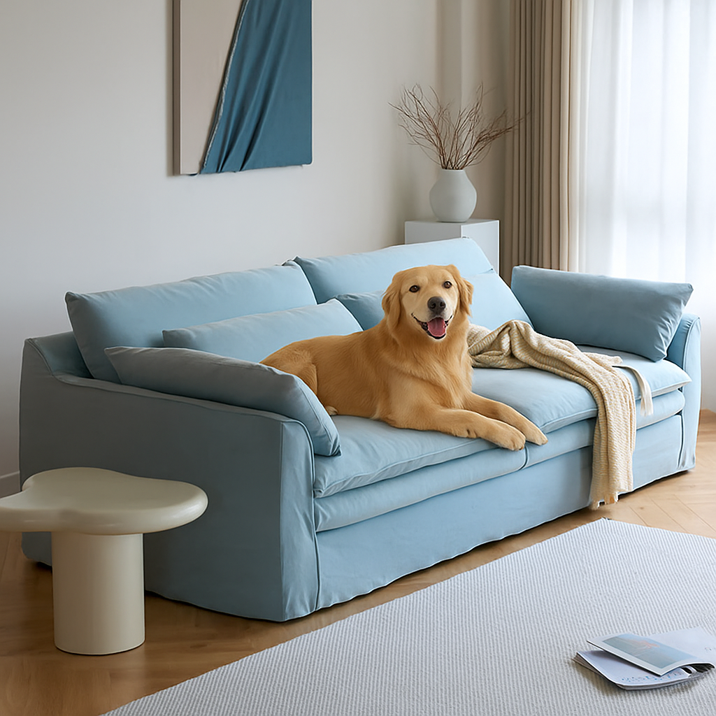 Mobilious-Fiorello Denim Slipcovered Blue Skirted Sofa