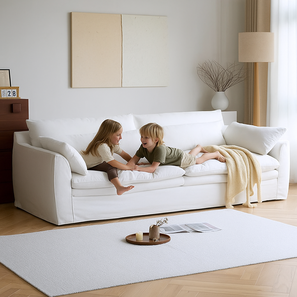 Mobilious-Fiorello Denim Slipcovered White Skirted Sofa