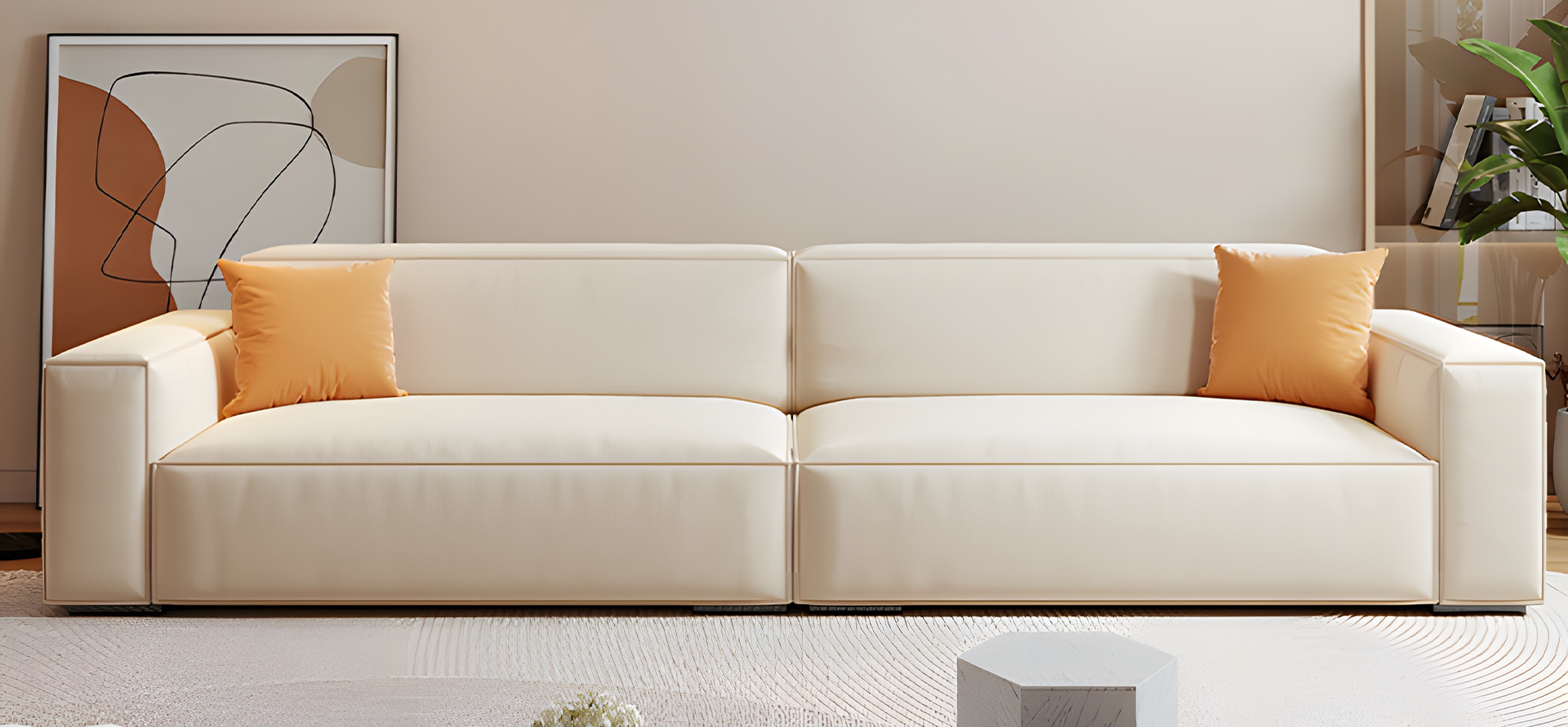 Mobilious-Calda Cream Fabric Straight Sofa
